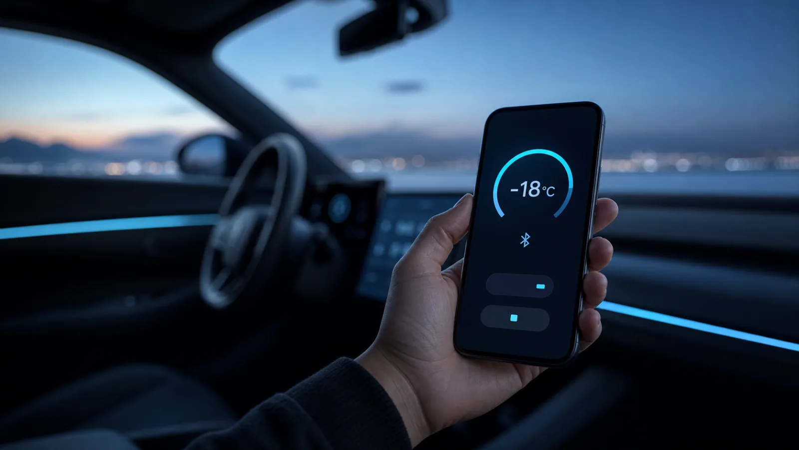 Araç kabinindeki telefonda eksi 18 derece Bluetooth sıcaklık ekranı