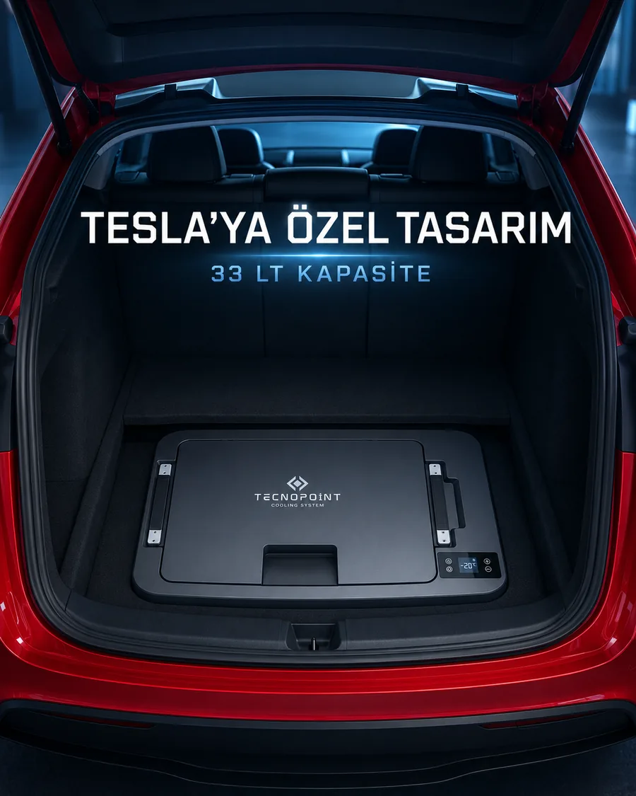 Tesla Model Y bagajında TecnoPoint araç buzdolabı